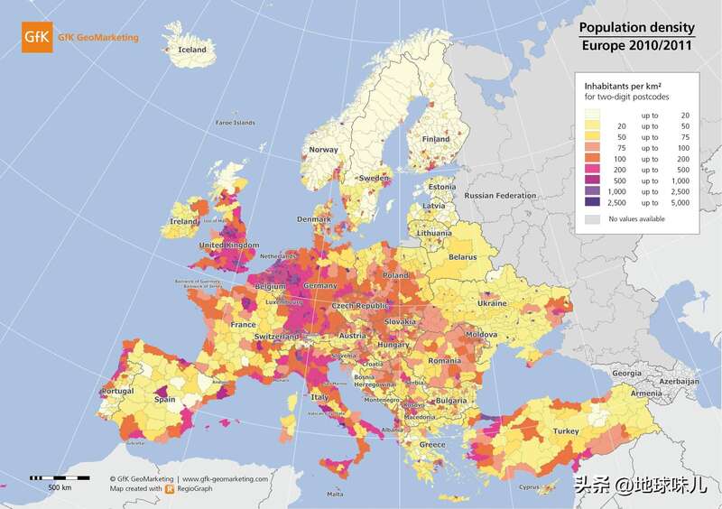 欧洲人口密度分布图
