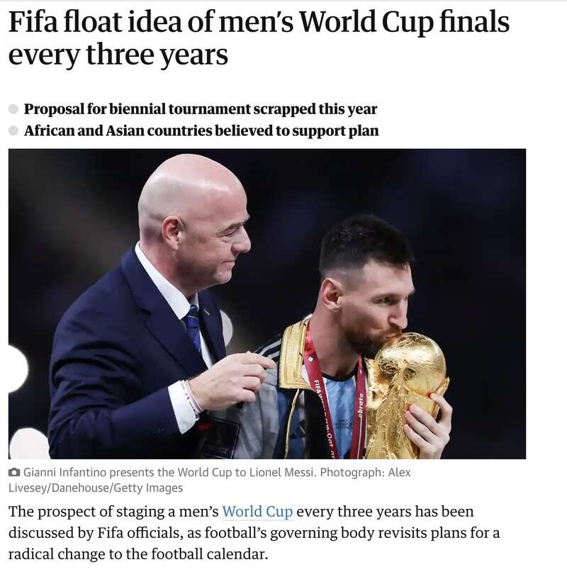 国际足联（FIFA）主席因凡蒂诺希望世界杯每三年举办一次